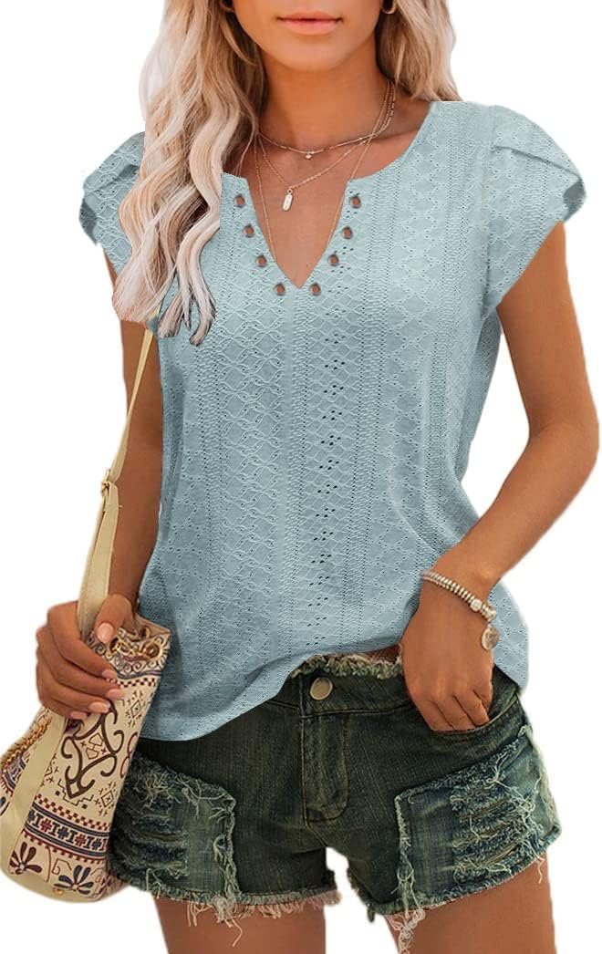 Womens Summer Tops Casual Country V Neck Tee Shirts Petal Sleeve ...